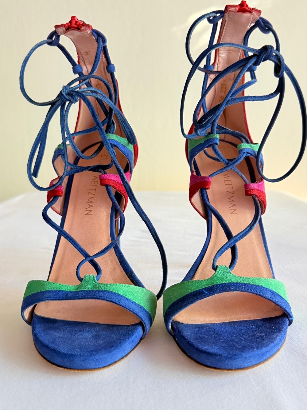Stuart Weitzman Razzle Multicolor Suede Lace Up Stiletto Sandals Size 7 - Picture 3 of 16